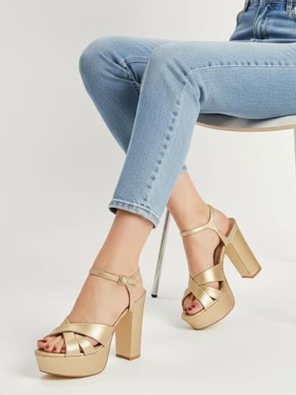 Metallic Gold Platform Block Heel Sandals